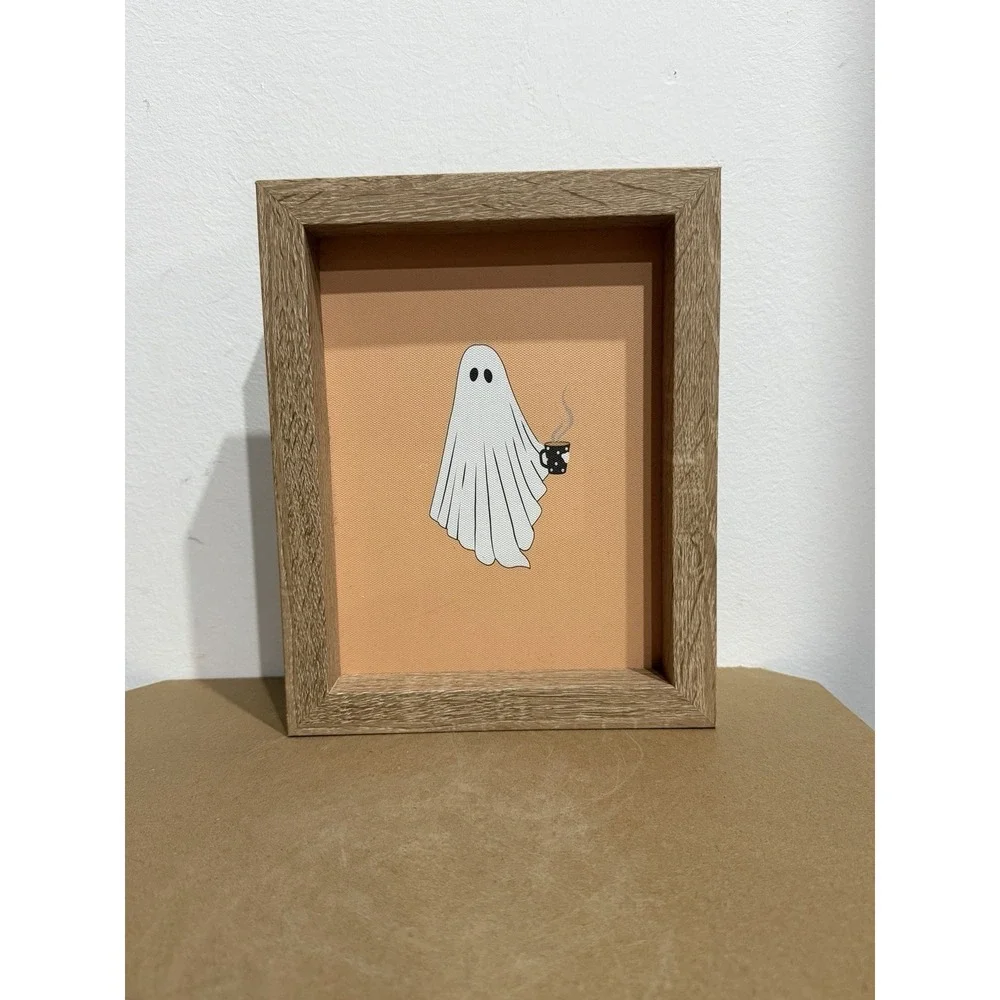 Halloween Ghost With Cute Coffee Mug‎ Orange Background Frame Decor 8x10